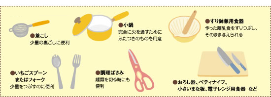 茶こし、小鍋、すり鉢兼用食器、いちごスプーンまたはフォーク、調理ばさみ、おろし器、ペティナイフ、小さいまな板、電子レンジ用食器など